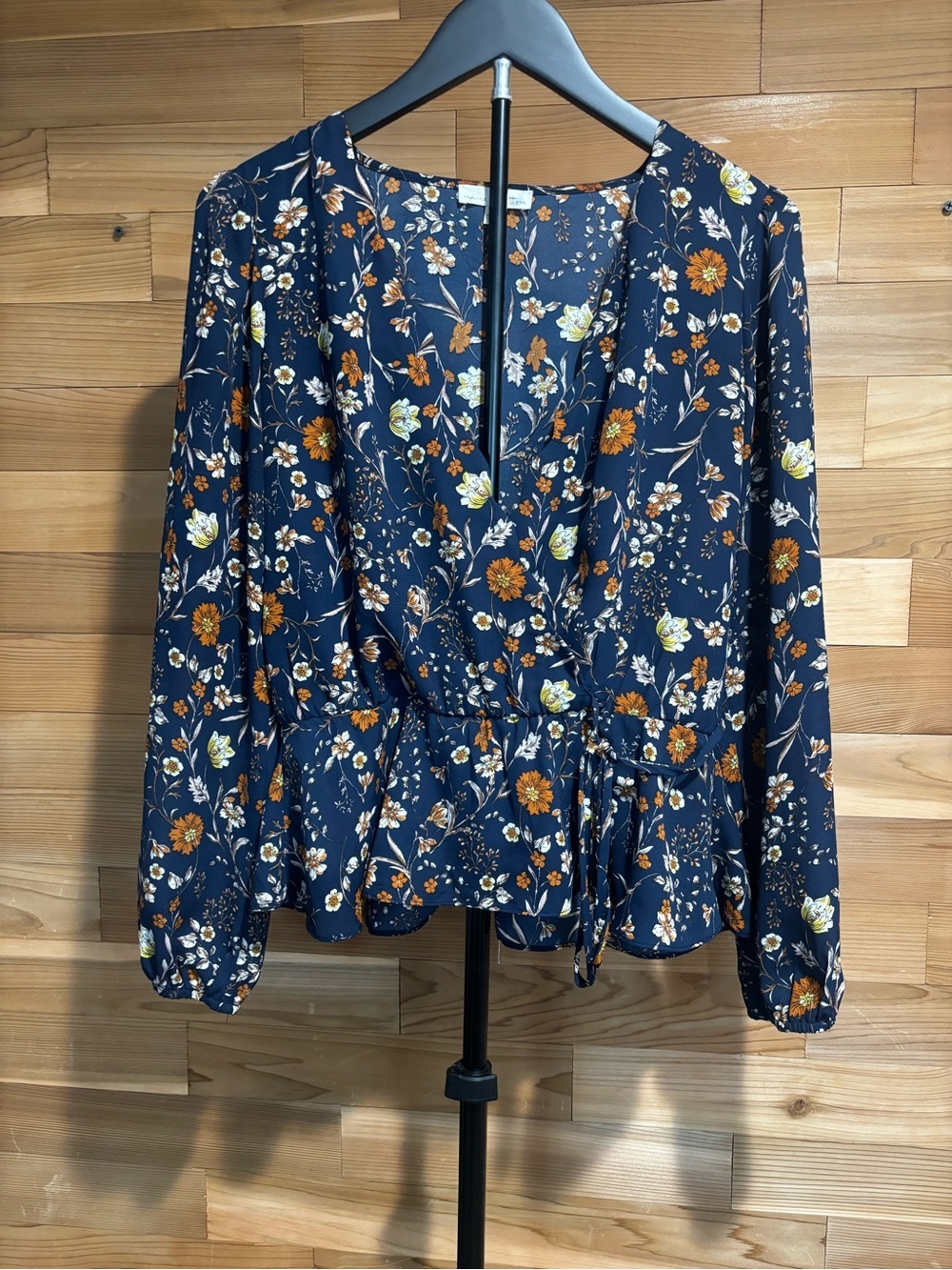 nine britton Navy Floral Wrap Blouse with Rust and Cream Flowers
